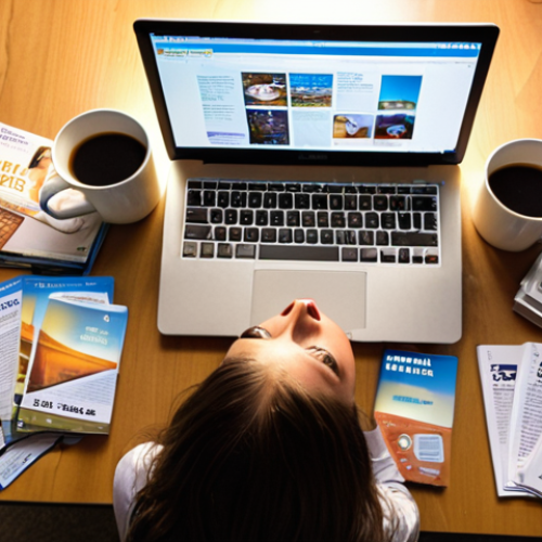 Home 6 **A stressed student surrounded by textbooks, flashcards, and travel brochures, illuminated by the glow of a laptop displaying Skift's website. Empty coffee cups litter the desk, but a determined look is on their face.** (Focus: Overwhelmed but dedicated study)