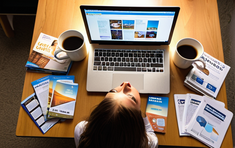 **A stressed student surrounded by textbooks, flashcards, and travel brochures, illuminated by the glow of a laptop displaying Skift's website. Empty coffee cups litter the desk, but a determined look is on their face.** (Focus: Overwhelmed but dedicated study)