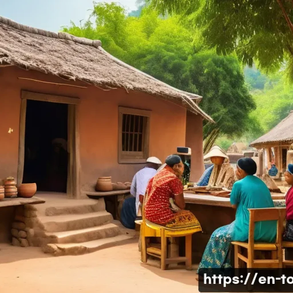 여행산업 실무에서의 윤리적 문제 - A vibrant rural village scene showing a diverse group of respectful tourists interacting authentical...