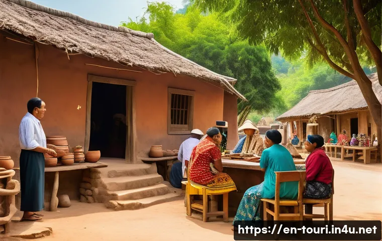 여행산업 실무에서의 윤리적 문제 - A vibrant rural village scene showing a diverse group of respectful tourists interacting authentical...