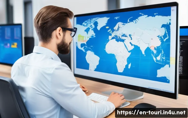 여행산업기사 실기시험에서 자주 나오는 문제 - A professional travel agent sitting at a modern desk with multiple computer screens showing flight b...