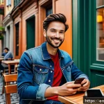 여행 산업의 변화와 기술 발전 - A modern traveler using an AI-powered travel app on a sleek smartphone while sitting at an outdoor c...