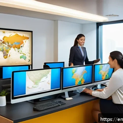 여행산업기사 온라인 강의 추천 - A professional travel agent confidently assisting diverse clients in a modern travel agency office, ...