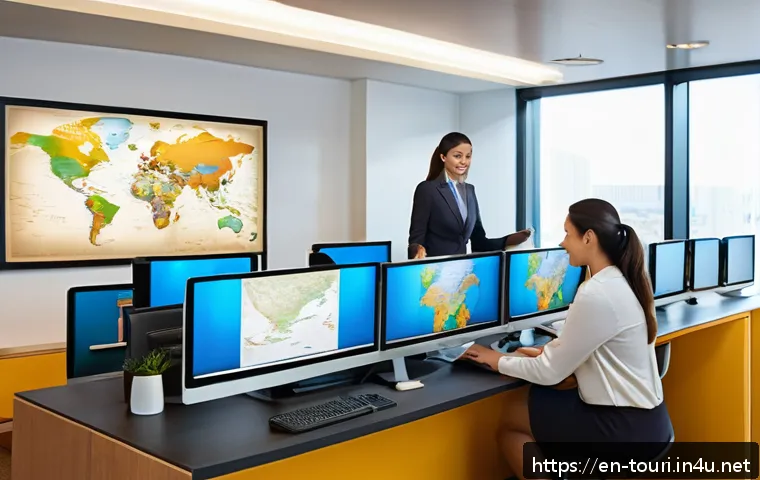 여행산업기사 온라인 강의 추천 - A professional travel agent confidently assisting diverse clients in a modern travel agency office, ...