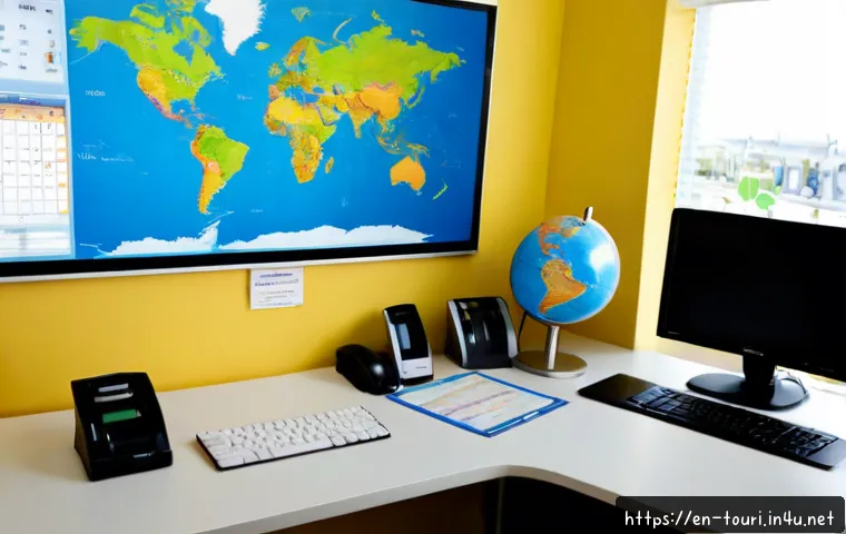 여행사에서 사용하는 소프트웨어 종류 - Photorealistic modern travel agency office, friendly travel consultant at a clean desk using a deskt...